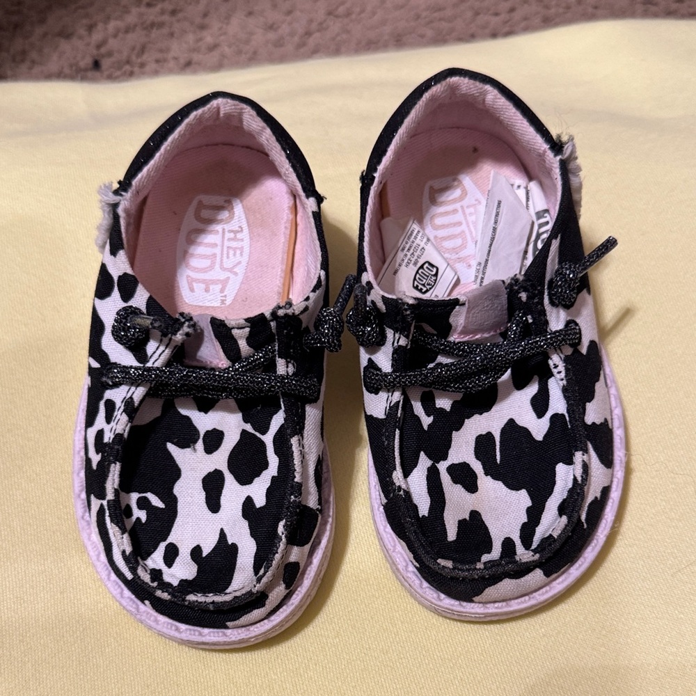 Hey Dude Kids Moccasins - Black and White Cow Print